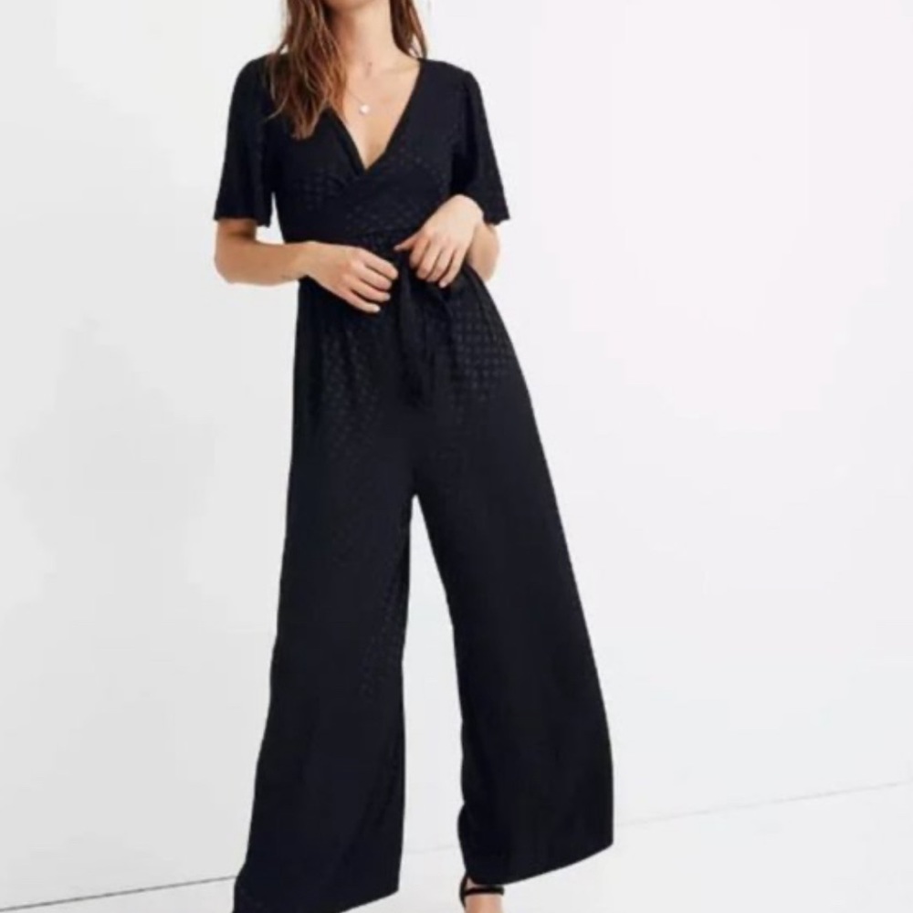 Madewell Wrap-Waist Jumpsuit in Dot Jacquard / 8 / TRUE BLACK